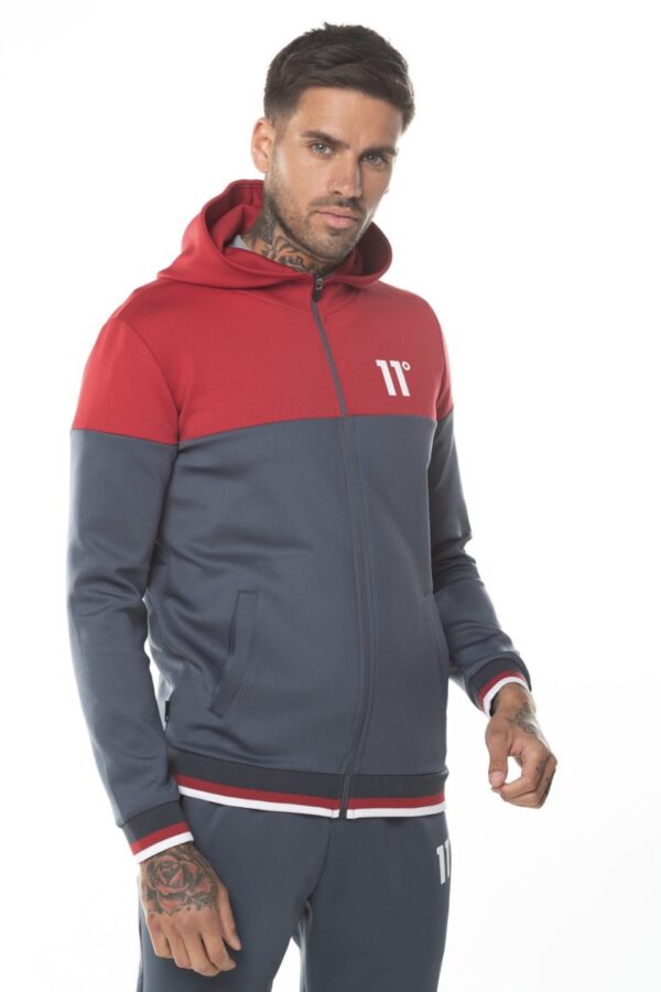 Sudadera 11º con capucha y cremallera " Ribbed " color gris-rojo
