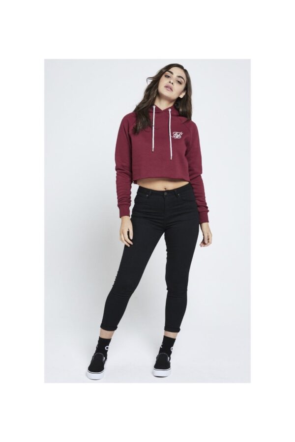 SIKSILK Sudadera corta con capucha color burdeos